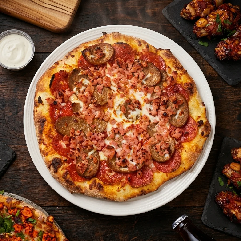 Chicken wings with assorted sauces served alongside pizza at Triple C Pizzeria Winnipeg