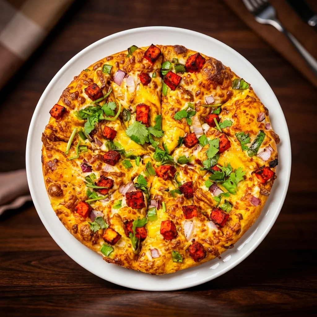 Cheddar chicken specialty pizza at Triple C Pizzeria Winnipeg - seasoned chicken, green peppers and red onion smothered in cheddar and mozzarella
